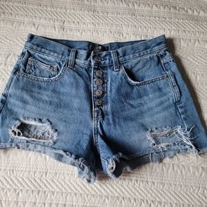 7 For All Mankind Monroe Cut Off Shorts Distressed Button Fly Blue Denim Size 26